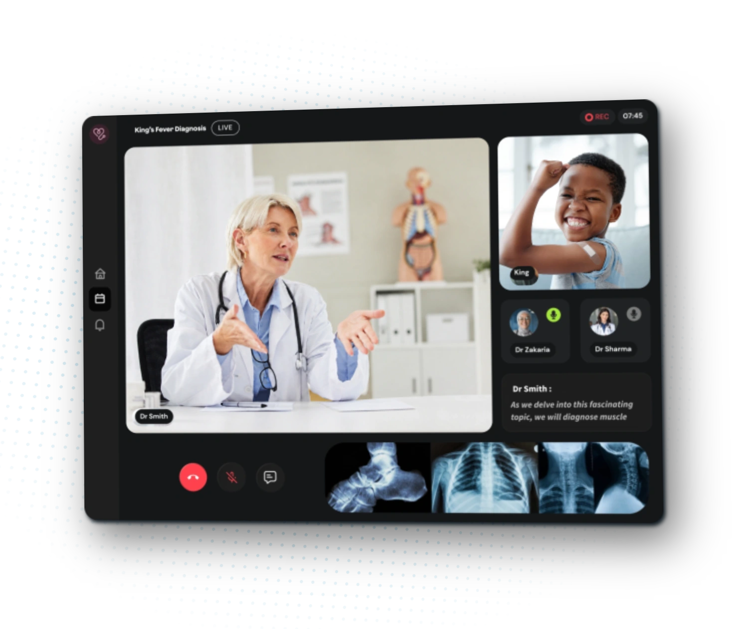 Telehealth interface with a female doctor and a young patient.